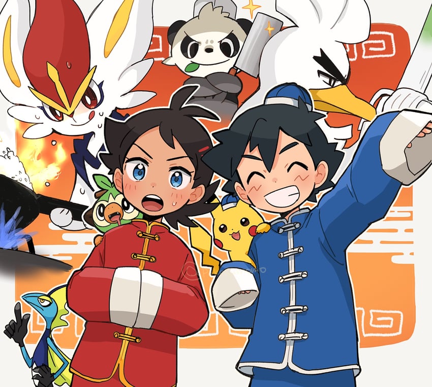 pikachu, ash ketchum, grookey, goh, cinderace, and 3 more (pokemon and 1 more) drawn by pokesumomo