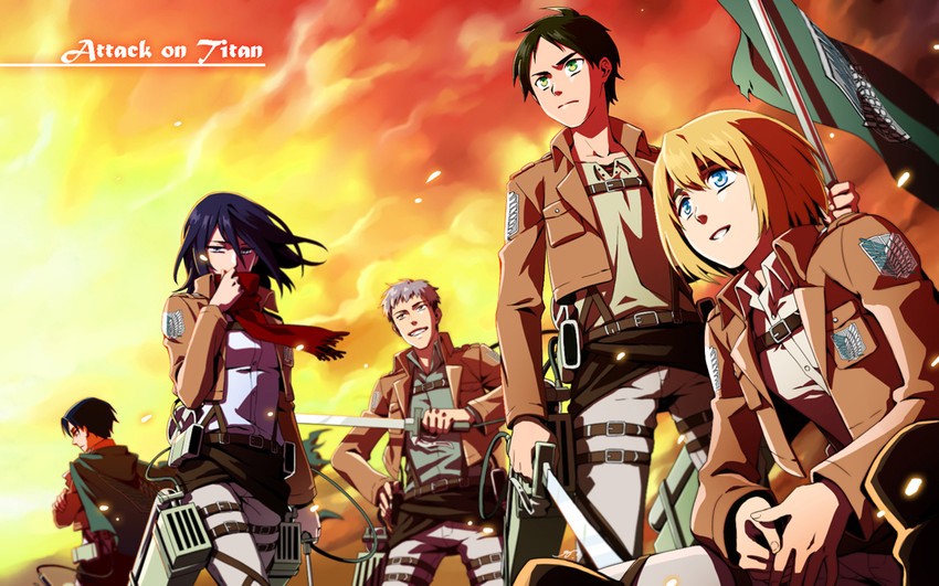mikasa ackerman, eren yeager, levi, armin arlert, and jean kirstein (shingeki no kyojin) drawn by chimomo896