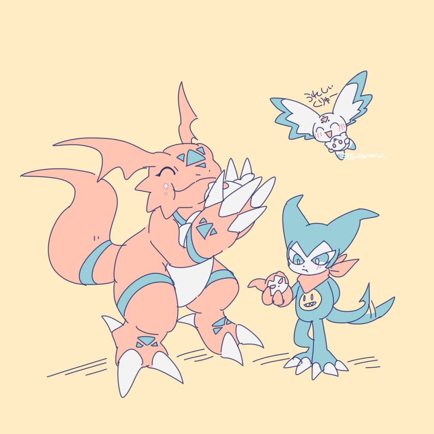 guilmon, impmon, and culumon (digimon and 1 more) drawn by pg_enaena