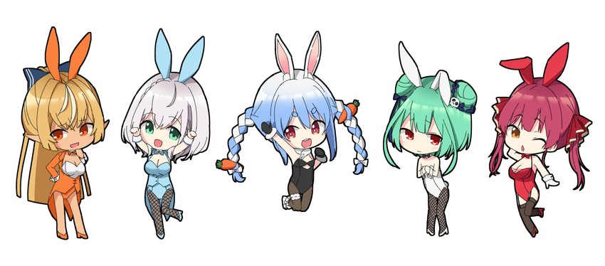 houshou marine, usada pekora, shirogane noel, uruha rushia, and shiranui flare (hololive) drawn by nazu_sawa