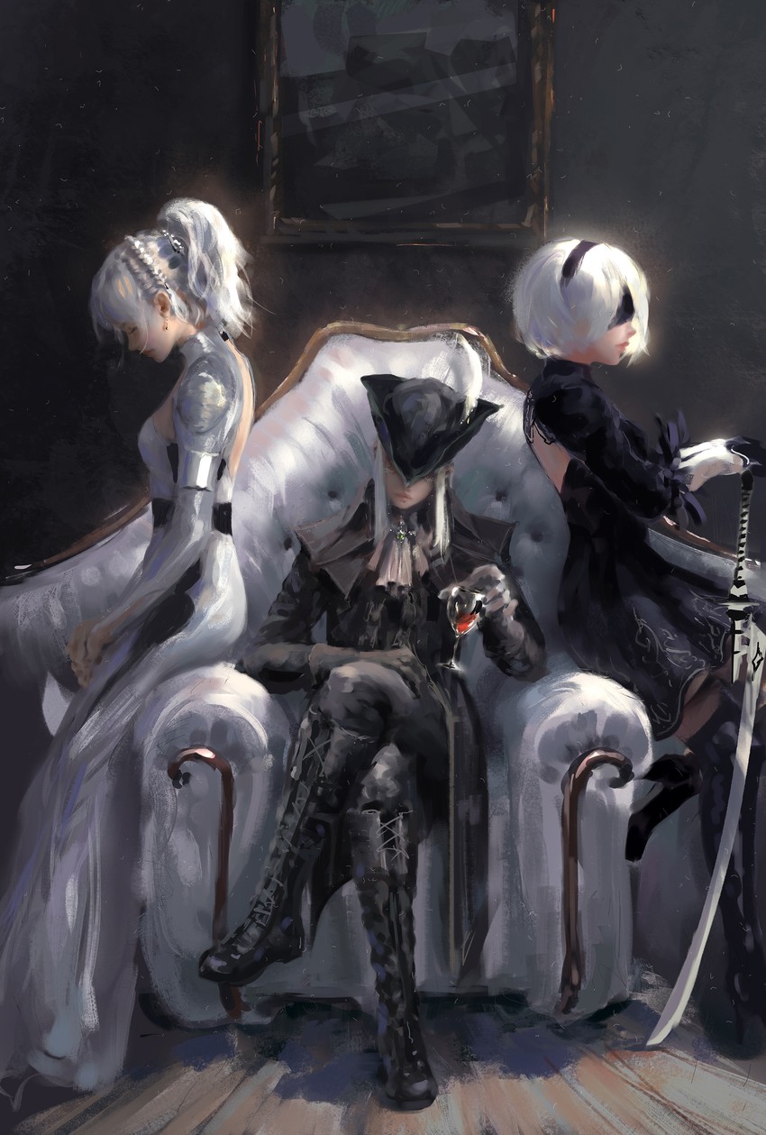 2b, lady maria of the astral clocktower, and lunafreya nox fleuret (final fantasy and 4 more) drawn by wlop