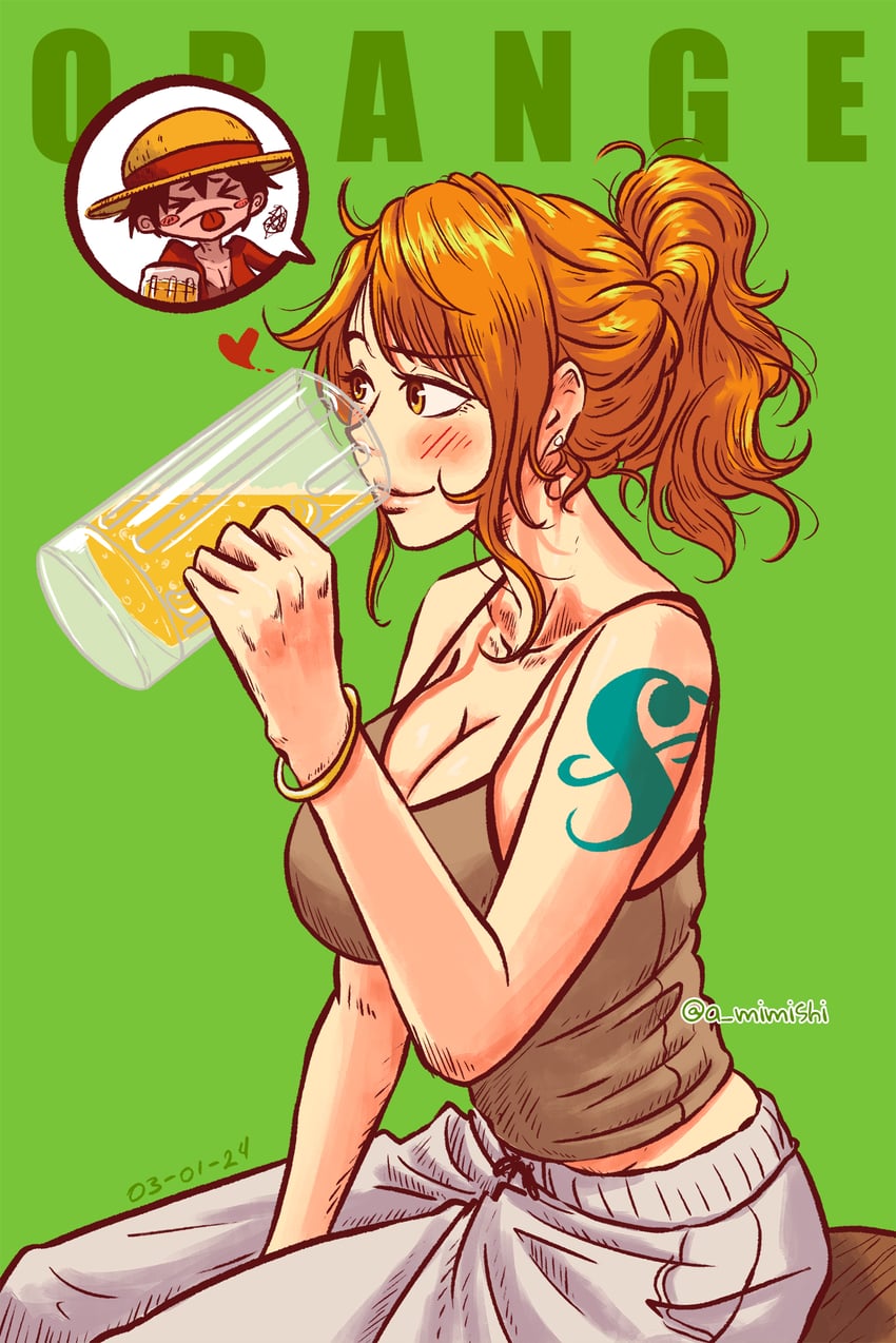 nami and monkey d. luffy (one piece) drawn by a_mimishi