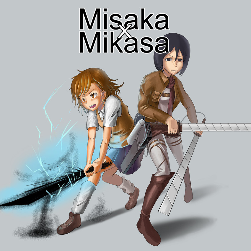 misaka mikoto and mikasa ackerman (toaru majutsu no index and 2 more) drawn by yj_(yunajuha)