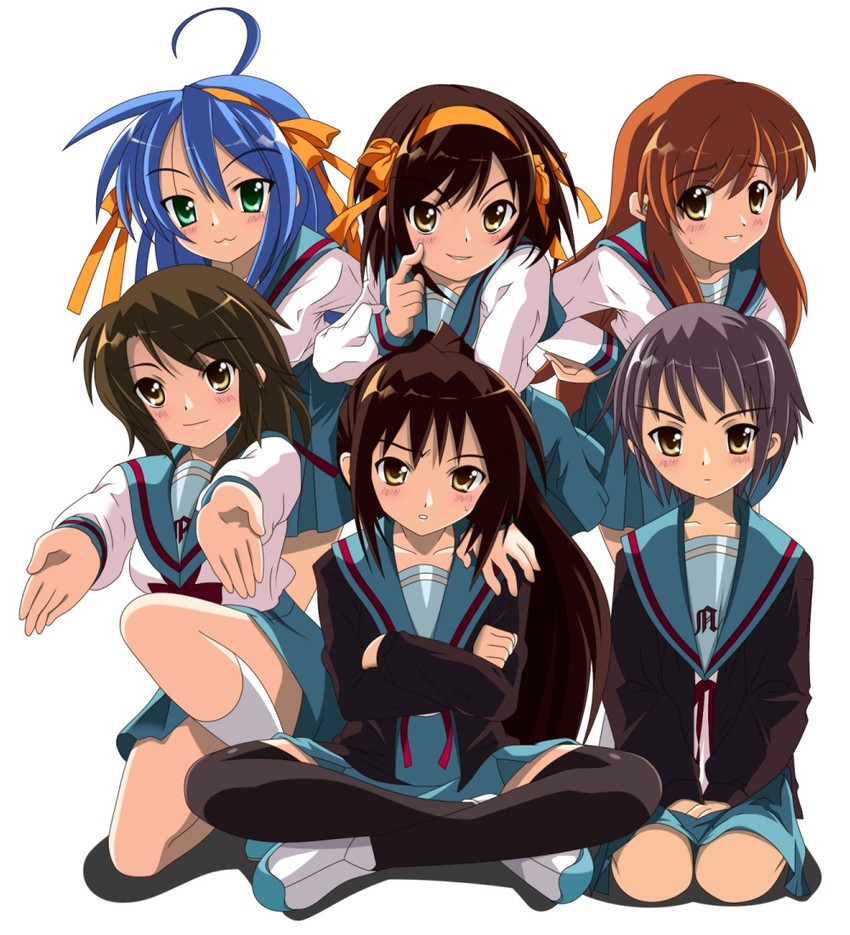 suzumiya haruhi, nagato yuki, izumi konata, asahina mikuru, kyonko, and 1 more (suzumiya haruhi no yuuutsu and 1 more) drawn by rindou_(awoshakushi)