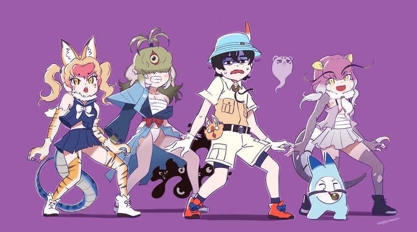 lucky beast, captain, nue, sanmoto gorozaemon, and rairyu (kemono friends and 2 more) drawn by beleven