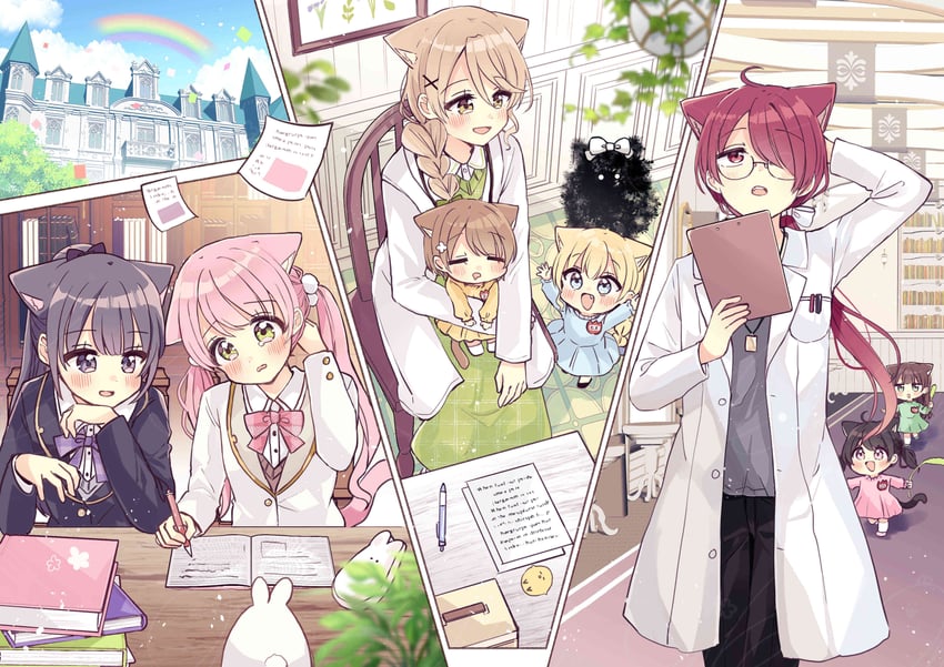 moco, rucora, haru, makia, fuu, and 3 more (fushigi na neko no machi meltier) drawn by sakura_oriko