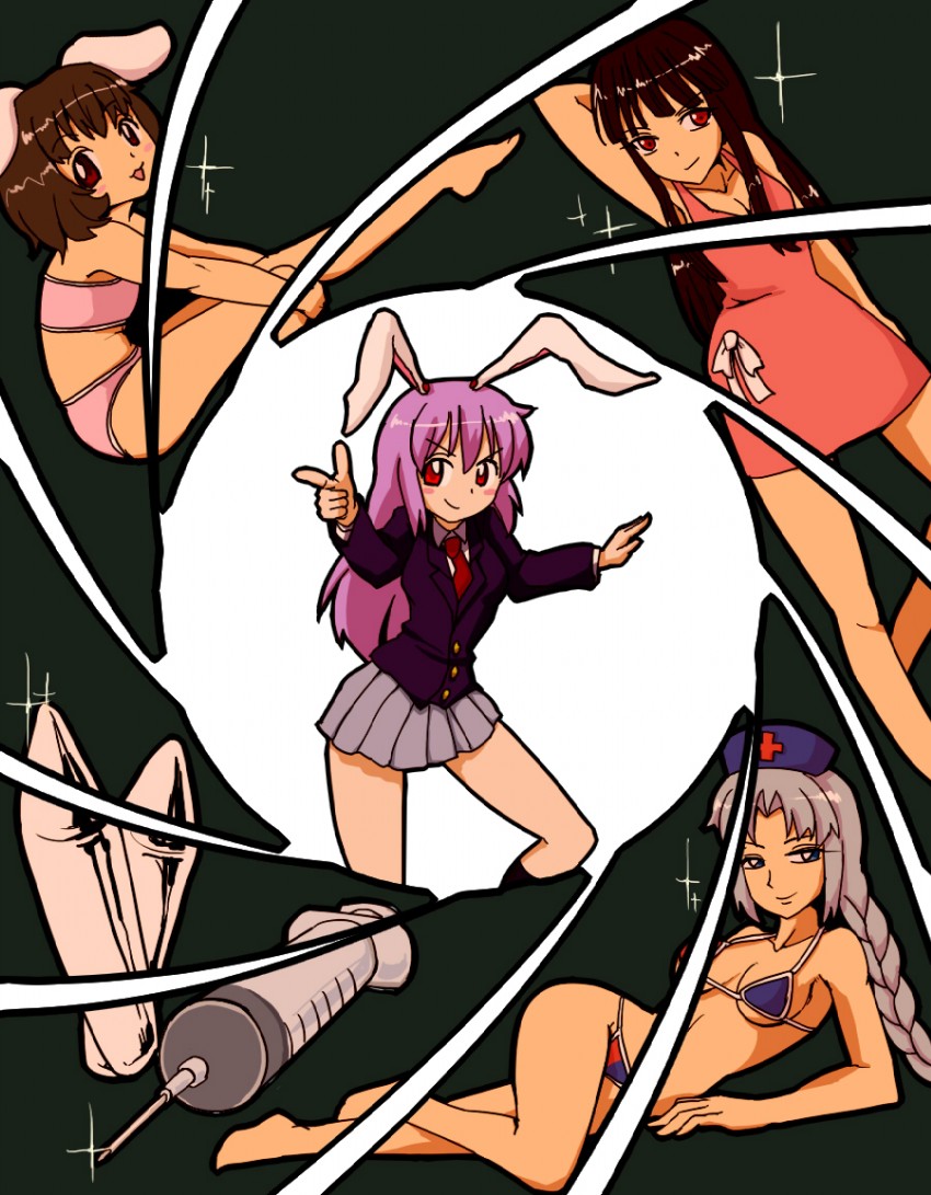 reisen udongein inaba, houraisan kaguya, inaba tewi, and yagokoro eirin (touhou and 1 more) drawn by umiwata