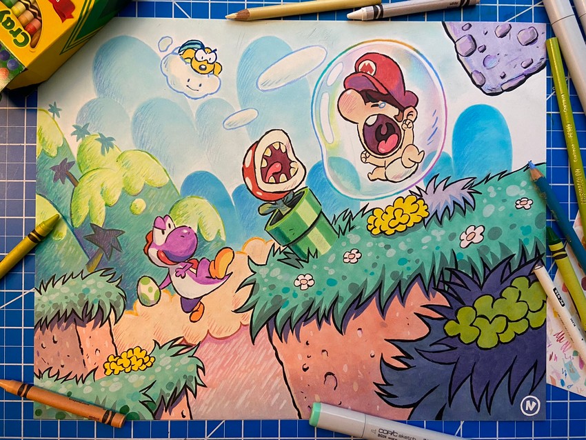mario, yoshi, piranha plant, lakitu, baby mario, and 2 more (mario and 1 more) drawn by nuri_durr