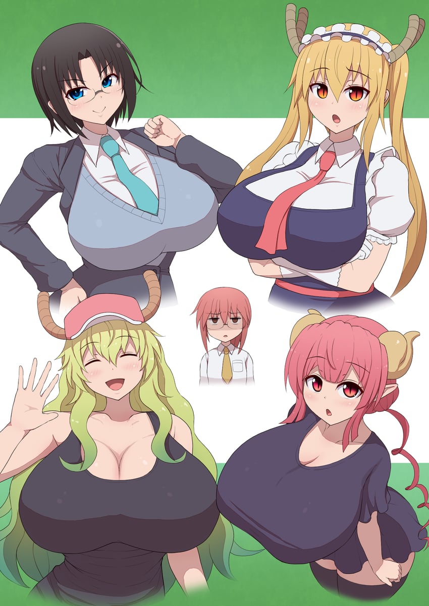 tohru, lucoa, ilulu, kobayashi, and elma (kobayashi-san chi no maidragon) drawn by ponponmaru