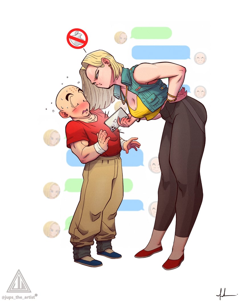 android 18 and kuririn (dragon ball and 1 more) drawn by jups_the_artist