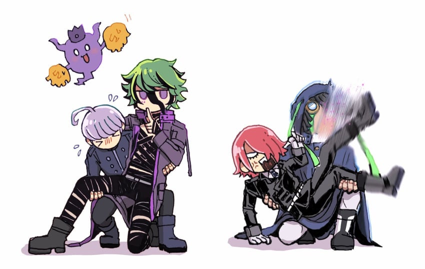 yuma kokohead, shinigami, yomi hellsmile, vivia twilight, and seth burroughs (master detective archives: rain code) drawn by hanabusashu