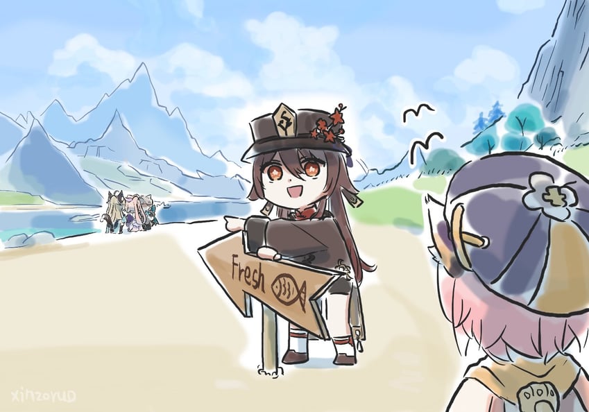hu tao, sangonomiya kokomi, lynette, kirara, and diona (genshin impact) drawn by xinzoruo