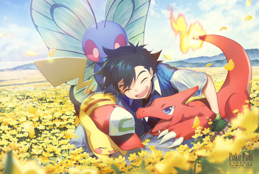 pikachu, ash ketchum, butterfree, and charmeleon (pokemon) drawn by melso