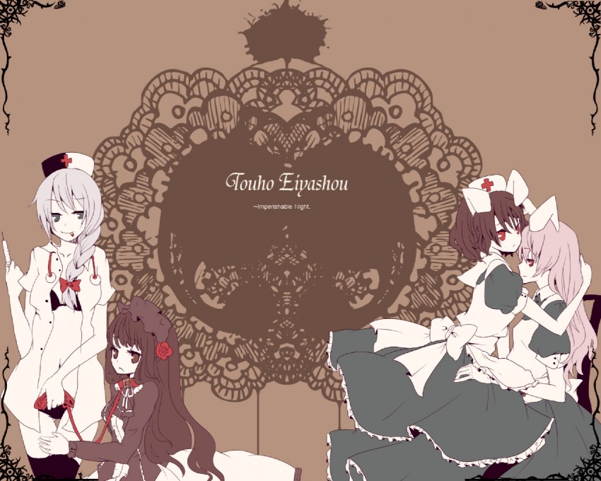 reisen udongein inaba, houraisan kaguya, inaba tewi, and yagokoro eirin (touhou) drawn by karunabaru