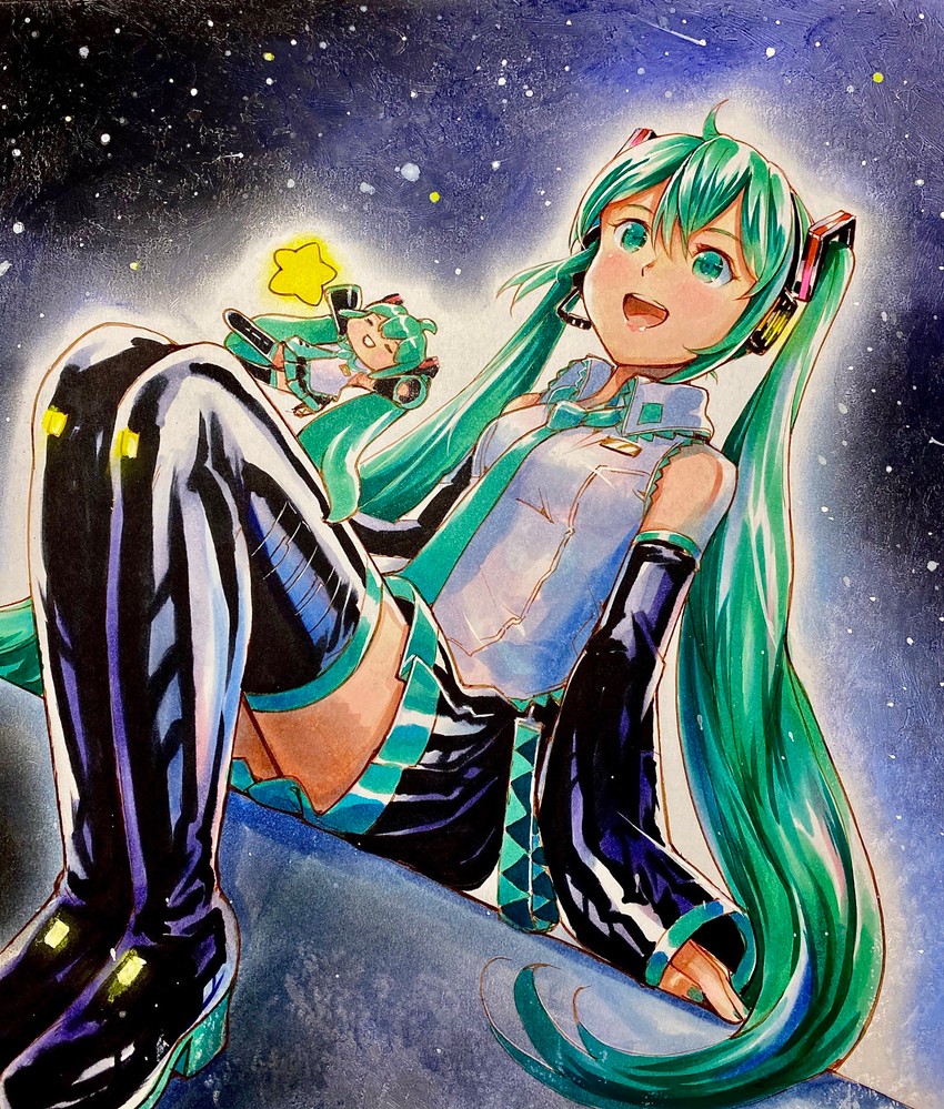 hatsune miku and chibi miku (vocaloid) drawn by mayo_riyo