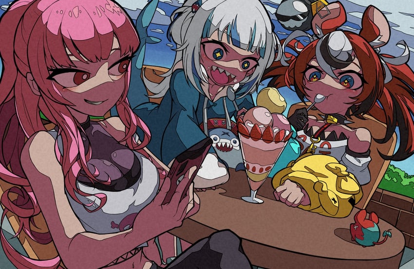 gawr gura, mori calliope, hakos baelz, and mr. squeaks (hololive and 1 more) drawn by bis814