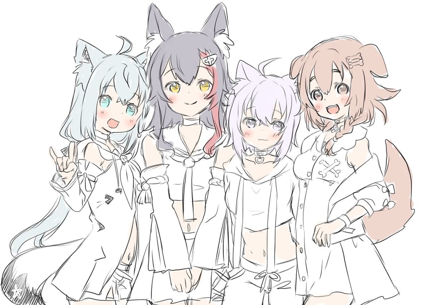 shirakami fubuki, nekomata okayu, ookami mio, and inugami korone (hololive) drawn by mayoineko