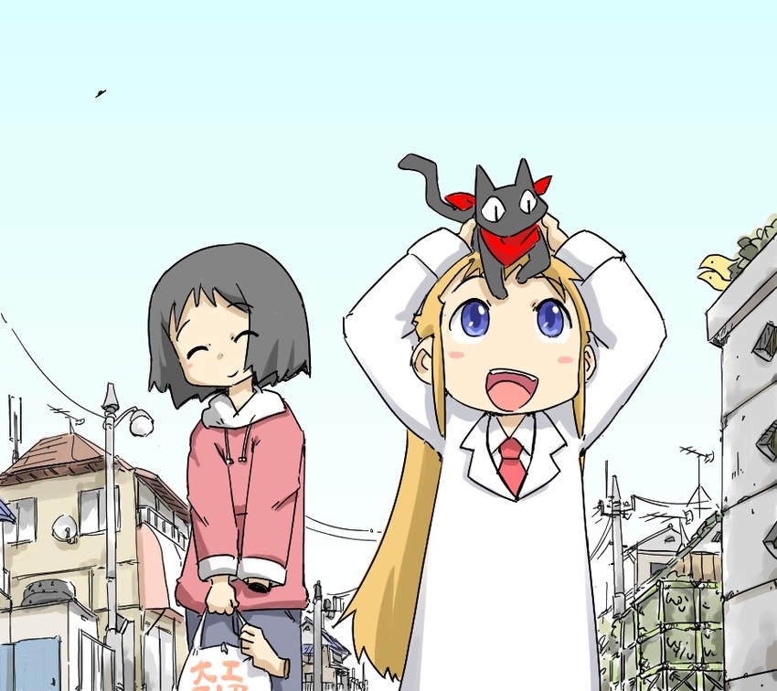 shinonome nano, professor shinonome, and sakamoto (nichijou) drawn by ohyo