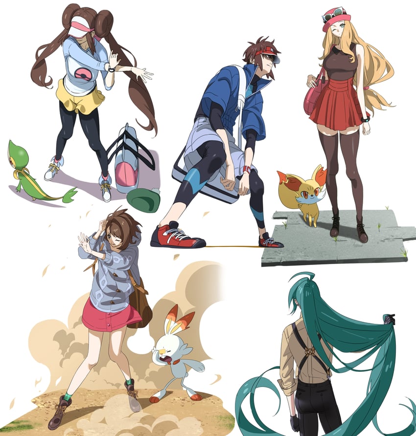 rosa, gloria, serena, rika, scorbunny, and 3 more (pokemon and 4 more) drawn by 987645321o
