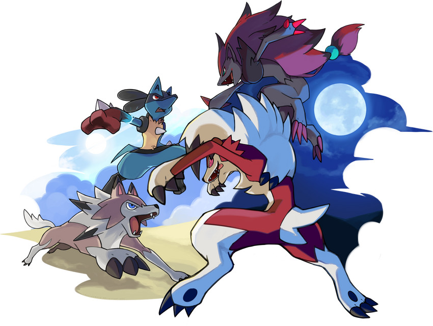 lucario, lycanroc, zoroark, and mega lucario (pokemon) drawn by nganlamsong