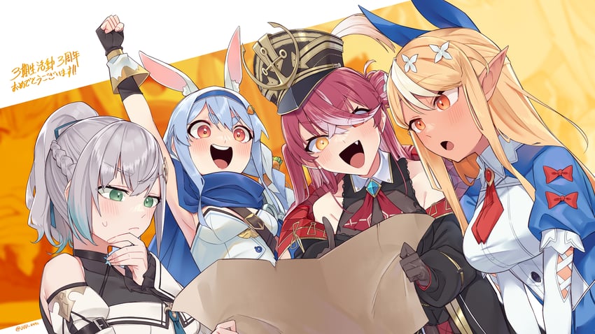 houshou marine, usada pekora, shirogane noel, and shiranui flare (hololive) drawn by hetareeji