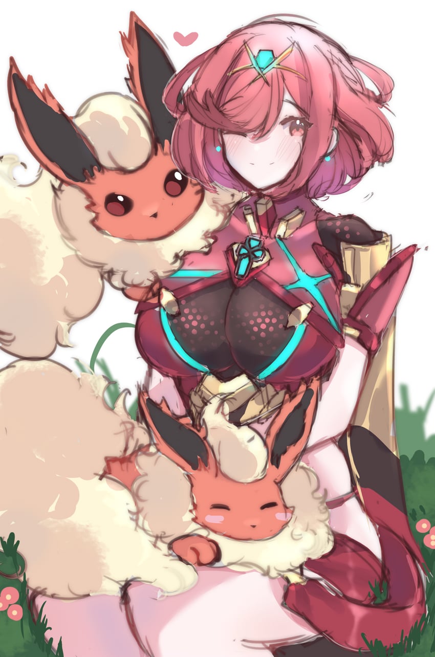 pyra and flareon (pokemon and 2 more) drawn by juneplums