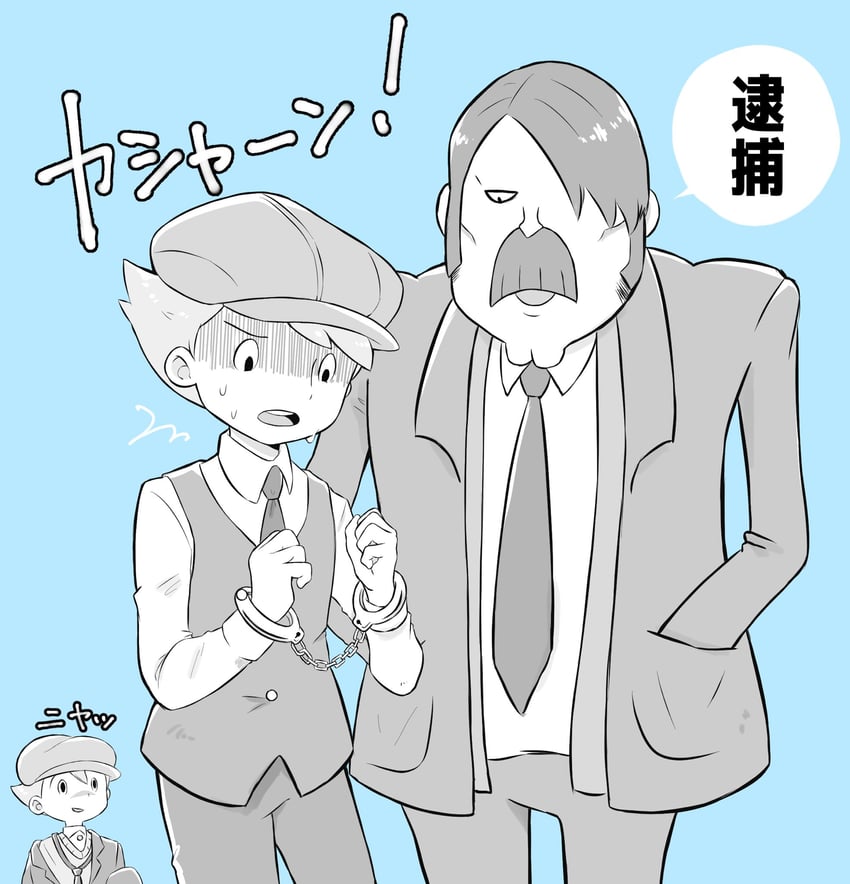 luke triton, future luke, and inspector chelmey (professor layton and 1 more) drawn by kiwami_(kiwamimuneko)
