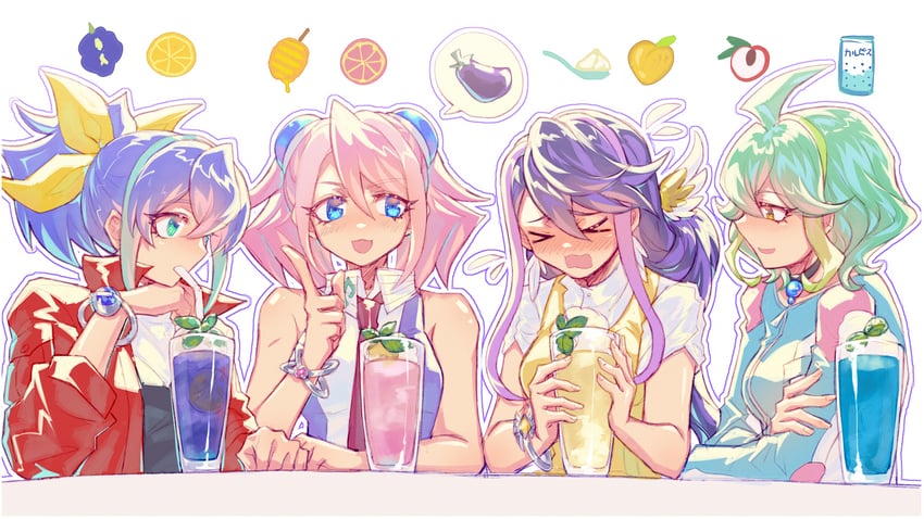 hiiragi yuzu, serena, kurosaki ruri, bracelet girls, and rin (yu-gi-oh! and 1 more) drawn by monitor_(udoshiyo) and udoshiyo