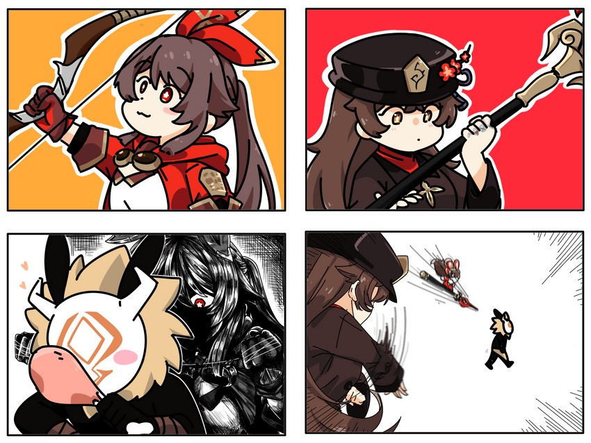 hu tao, amber, hilichurl, and baron bunny (genshin impact) drawn by chickenchikin