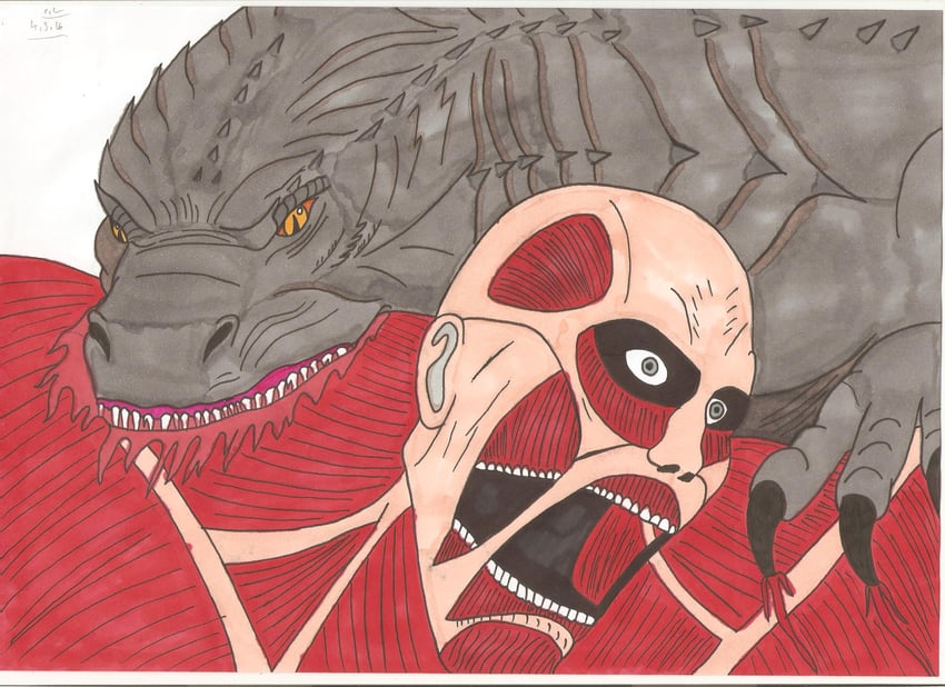 godzilla, titan, and colossal titan (shingeki no kyojin and 2 more) drawn by tyrannuss555