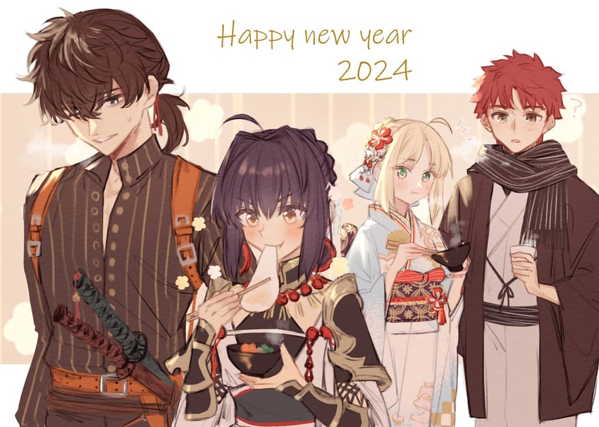 artoria pendragon, saber, emiya shirou, yamato takeru, and miyamoto iori (fate and 2 more) drawn by printemps
