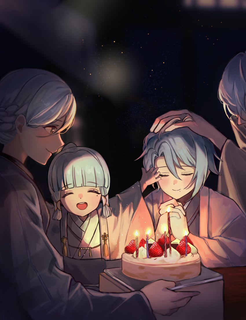 kamisato ayaka, kamisato ayato, and kamisato kayo (genshin impact) drawn by emong