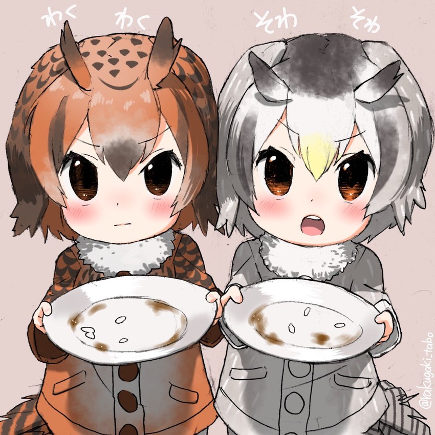 northern white-faced owl and eurasian eagle owl (kemono friends) drawn by turbo_engine_(rakugaki_tabo)