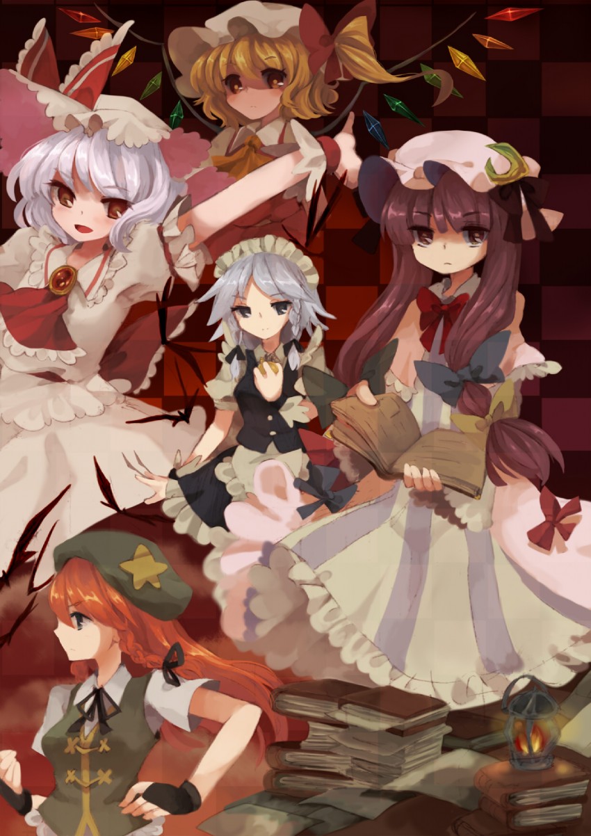 remilia scarlet, flandre scarlet, izayoi sakuya, patchouli knowledge, and hong meiling (touhou) drawn by kodamari