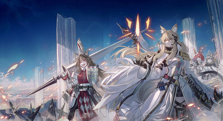 nearl, flametail, nearl the radiant knight, fartooth, and wild mane (arknights) drawn by echj
