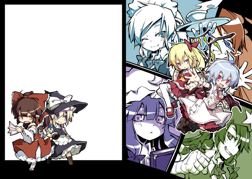 hakurei reimu, kirisame marisa, remilia scarlet, flandre scarlet, izayoi sakuya, and 3 more (touhou) drawn by noya_makoto