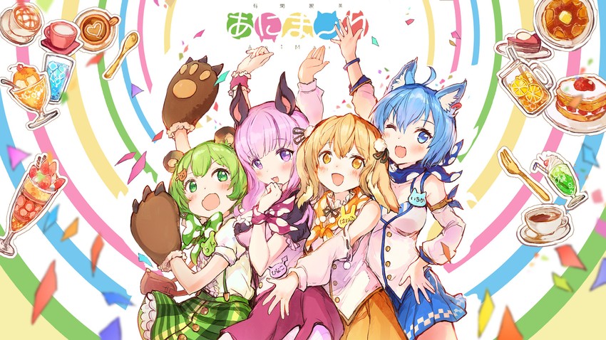 souya ichika, hinokuma ran, umori hinako, and inaba haneru (nanashi inc. and 1 more) drawn by camomi