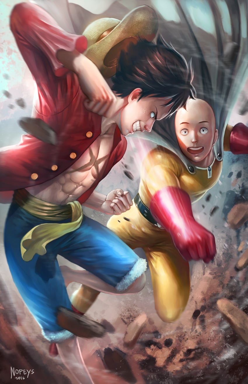 monkey d. luffy and saitama (one piece and 1 more) drawn by nopeys