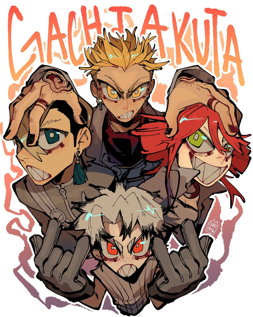 rudo surebrec, riyo reaper, zanka nijiku, and enjin (gachiakuta) drawn by ch4rlytr4sh
