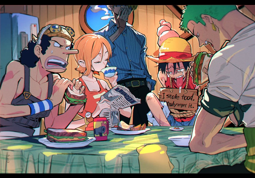 nami, monkey d. luffy, roronoa zoro, sanji, and usopp (one piece) drawn by gobogobogobou11