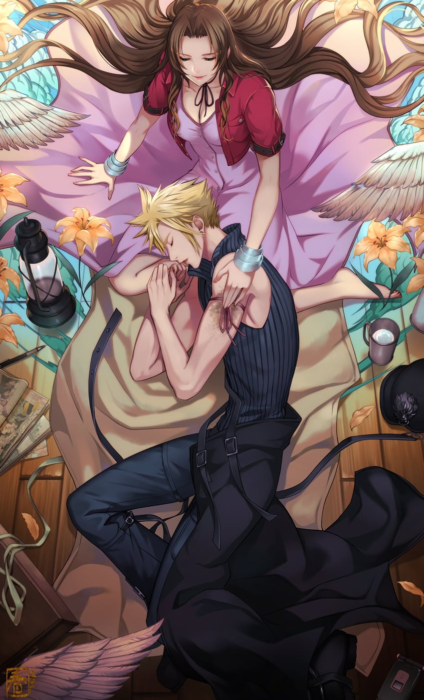 cloud strife and aerith gainsborough (final fantasy and 2 more) drawn by halu-ca
