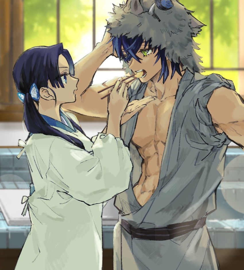 hashibira inosuke and kanzaki aoi (kimetsu no yaiba) drawn by honwaka_zz