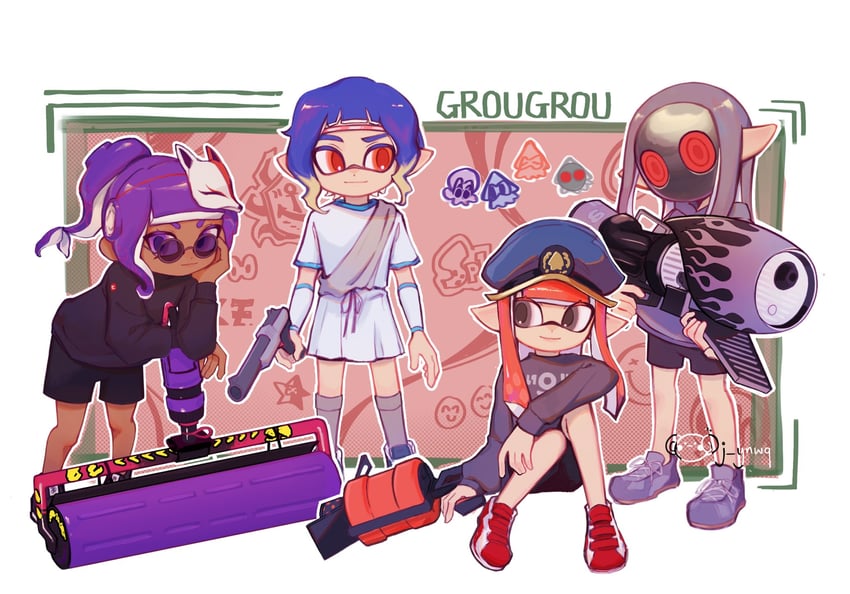 inkling player character, inkling girl, octoling player character, octoling girl, inkling boy, and 1 more (splatoon) drawn by j_ynwq