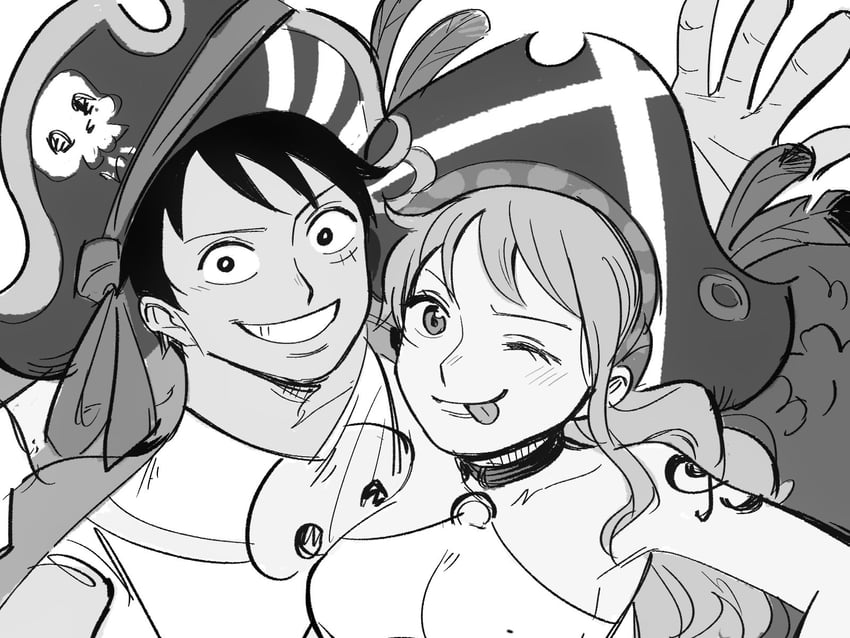 nami and monkey d. luffy (one piece and 1 more) drawn by bbibbipunpun