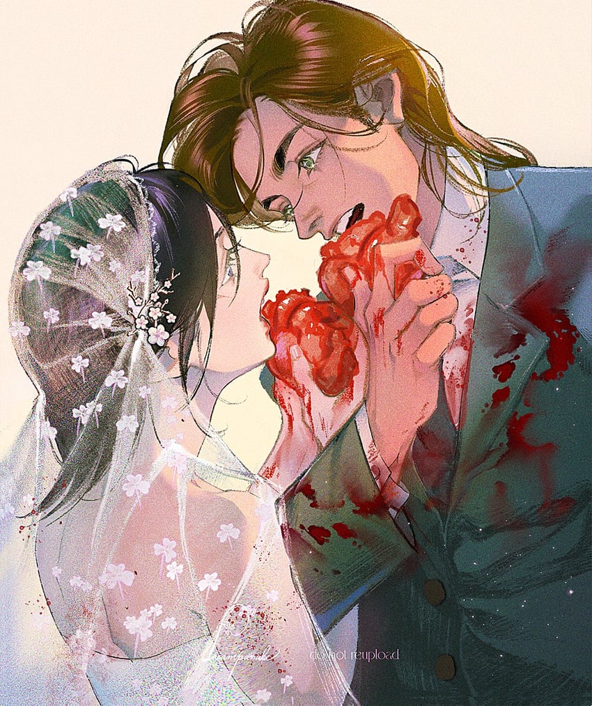 mikasa ackerman and eren yeager (shingeki no kyojin) drawn by lacampanule