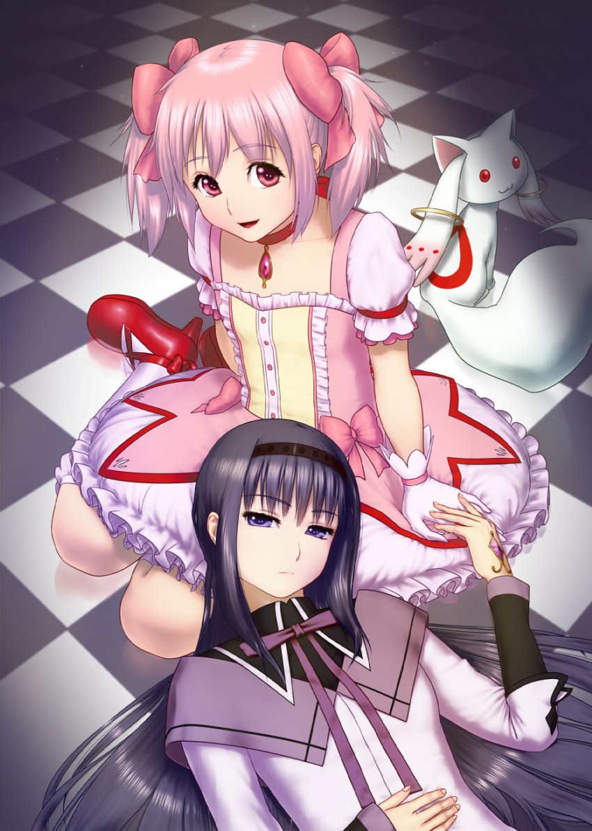 akemi homura, kaname madoka, and kyubey (mahou shoujo madoka magica) drawn by shin_(world_3000)