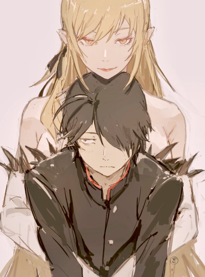 oshino shinobu, araragi koyomi, and kiss-shot acerola-orion heart-under-blade (monogatari) drawn by taki_(a313131333)