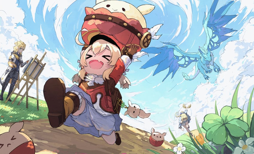 klee, jean, dodoco, albedo, jumpy dumpty, and 1 more (genshin impact) drawn by xiaokaxiaok