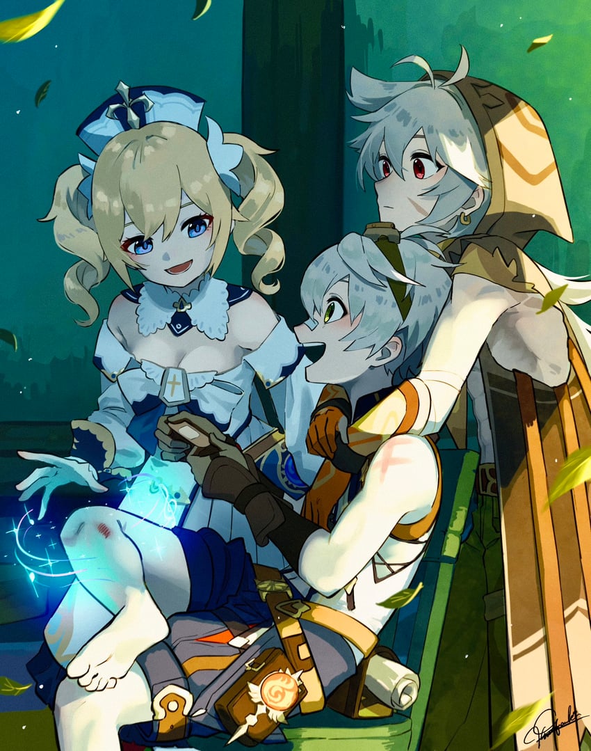 barbara, razor, and bennett (genshin impact) drawn by shokun_2