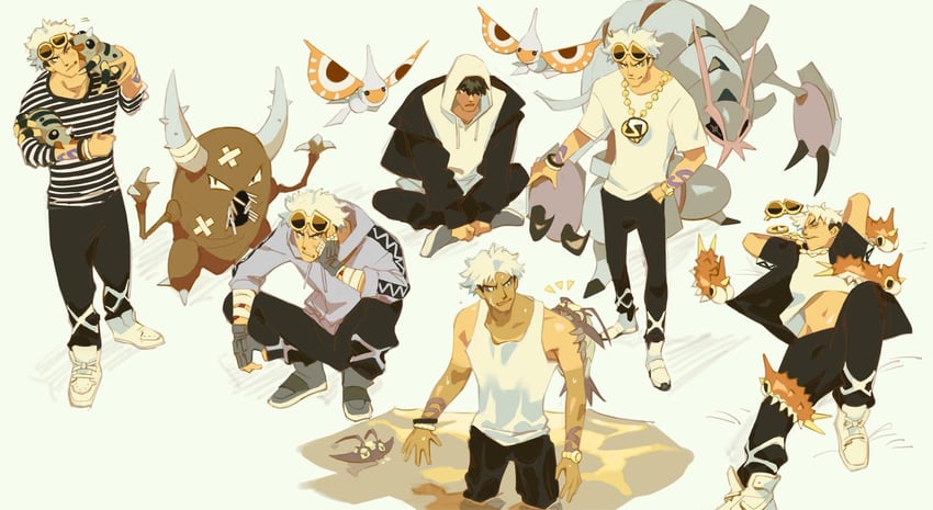 guzma, golisopod, wurmple, pinsir, masquerain, and 2 more (pokemon and 1 more) drawn by ypyp100